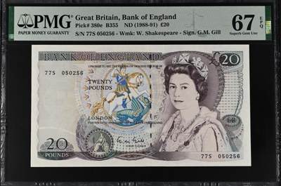《张总收藏》181期-外币精品百拍特别场 英国D序列1988-91年20镑PMG67E冠军分无4 与上一张尾2同 Gill签名 Pick#380e