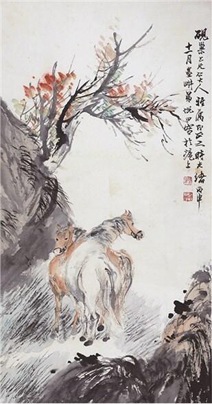 承乾2024年秋季文物艺术品拍卖会 倪田 双骏图 设色纸本立轴 85x45cm