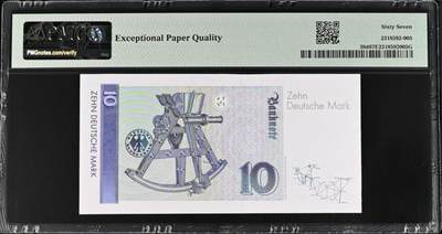 《张总收藏》181期-外币精品百拍特别场 德国1999年10马克PMG67E无47靓号尾8，少见Pick#38d，数学王子高斯