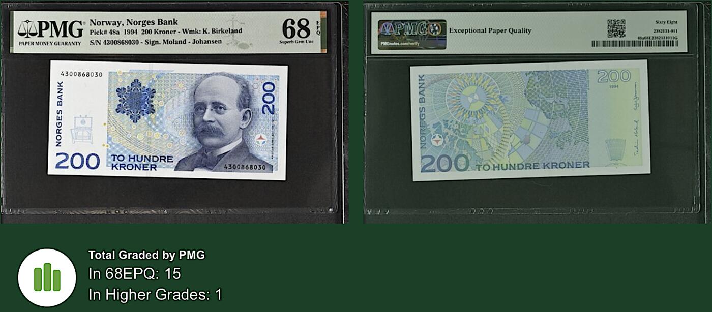 《张总收藏》181期-外币精品百拍特别场 挪威200克朗 PMG68E 1994年 初版首发年a版 挪威地球物理学家伯克兰