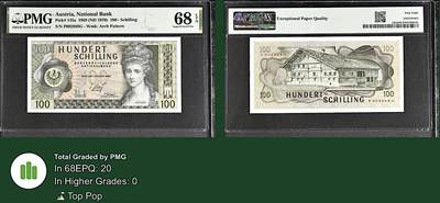 《张总收藏》181期-外币精品百拍特别场 奥地利100先令 PMG68E 1969年 女画家考夫曼 冠军分 千位小号无3547 非常难得