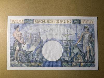 《张总收藏》181期-外币精品百拍特别场 法国1000法郎 UNC 1944年大票幅 局部轻微荧光