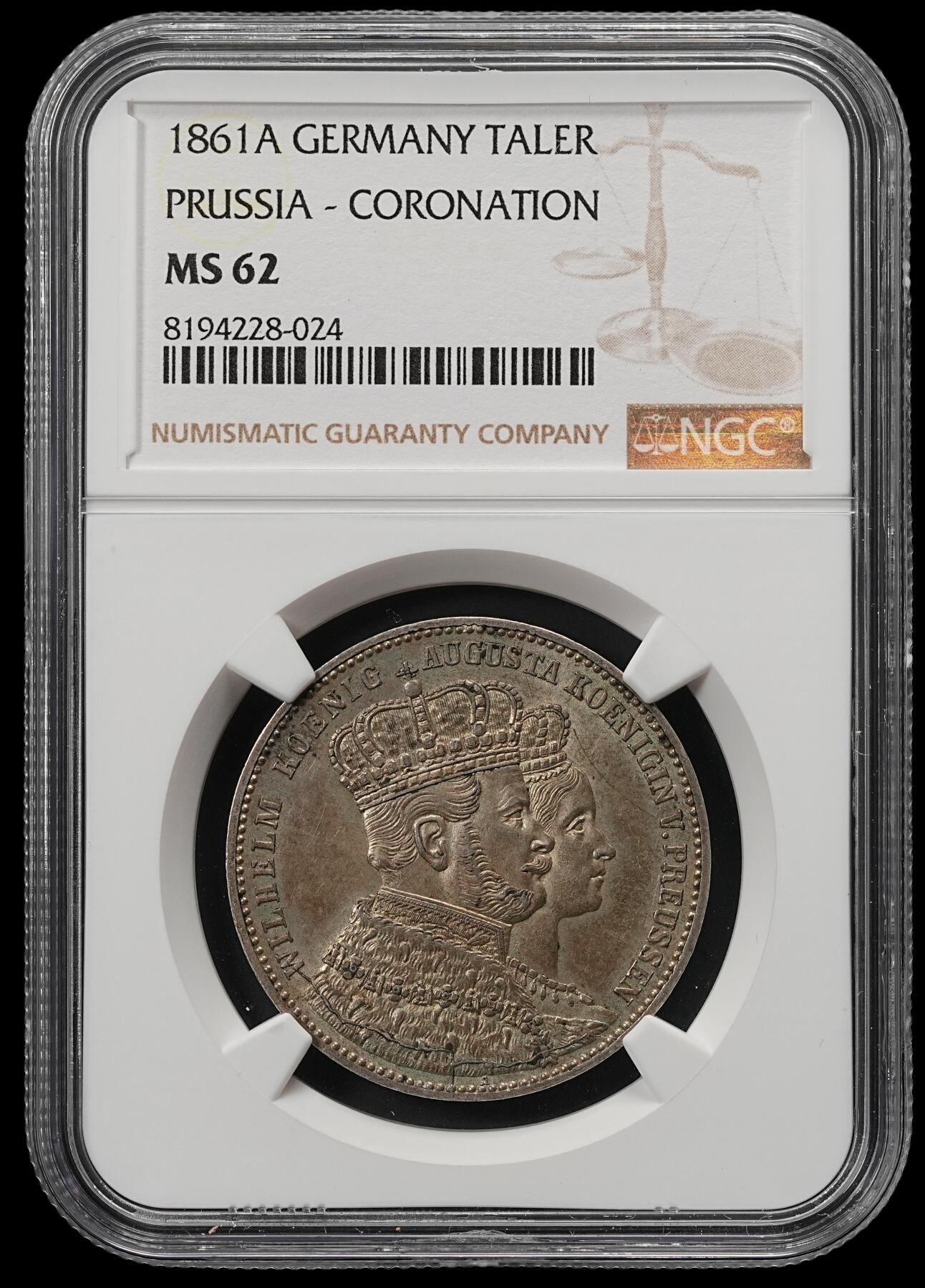 修遠堂世界钱币第五十二期 全场包邮 NGC MS62 1861年普鲁士威廉一世加冕纪念1泰勒银币
