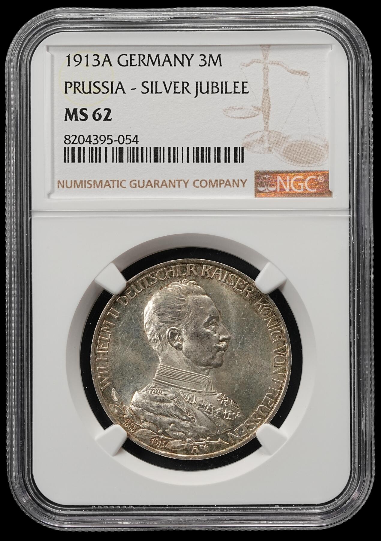 修遠堂世界钱币第五十二期 全场包邮 NGC MS62 1913年普鲁士威廉二世登基25周年纪念3马克银币