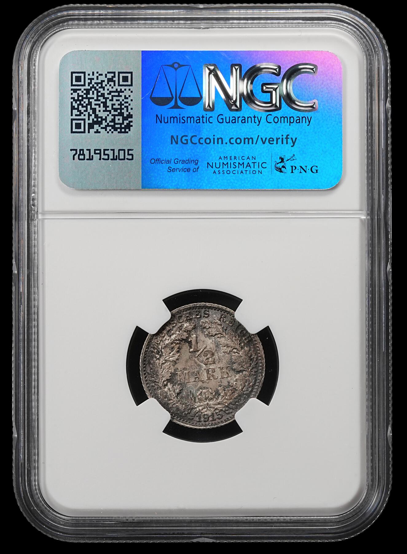修遠堂世界钱币第五十二期 全场包邮 NGC MS65 1915年德国1/2马克银币 F厂铭