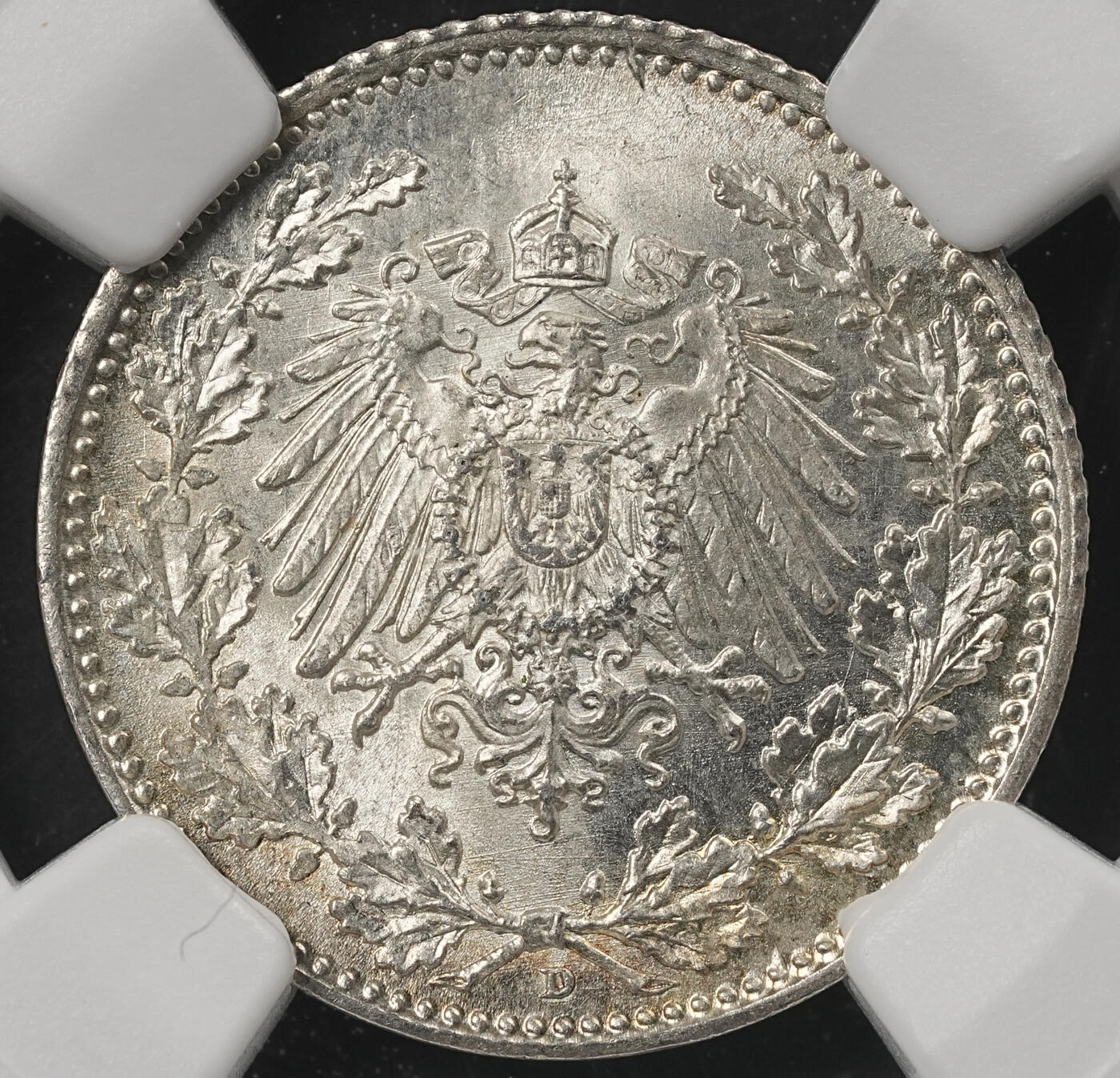 修遠堂世界钱币第五十二期 全场包邮 NGC MS65 1918年德国1/2马克银币 D厂铭