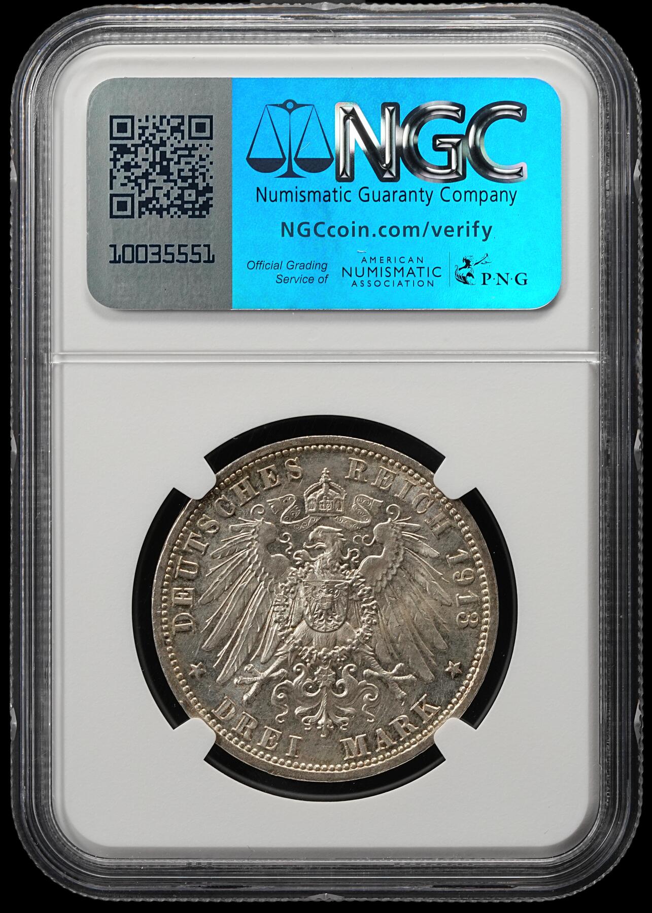 修遠堂世界钱币第五十二期 全场包邮 NGC MS62 1913年普鲁士威廉二世登基25周年纪念3马克银币
