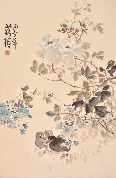 承乾2024年秋季文物艺术品拍卖会 - 苏葆桢 山花双鸡图 设色纸本立轴 69*46cm