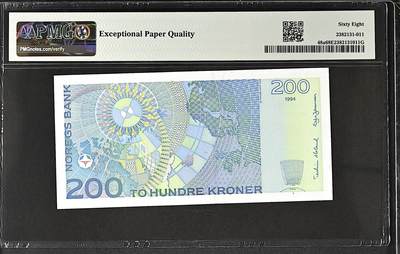 《张总收藏》181期-外币精品百拍特别场 挪威200克朗 PMG68E 1994年 初版首发年a版 挪威地球物理学家伯克兰