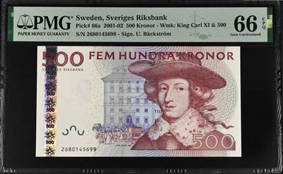 《张总收藏》181期-外币精品百拍特别场 瑞典2002年全息初版首签500克朗次高值PMG66E 红卡尔