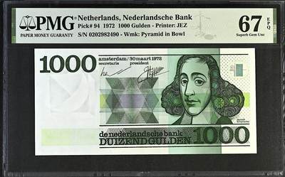 《张总收藏》181期-外币精品百拍特别场 荷兰1000盾 PMG67E 1972年 人像版斯宾诺莎