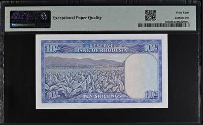 《张总收藏》181期-外币精品百拍特别场 罗德西亚1968年10先令PMG68E超高分 女王钞高分不易 戎装女王 英姿飒爽