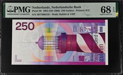 《张总收藏》181期-外币精品百拍特别场 荷兰1985年250盾PMG68E高分 荷兰三剑客最高值-灯塔 美轮美奂