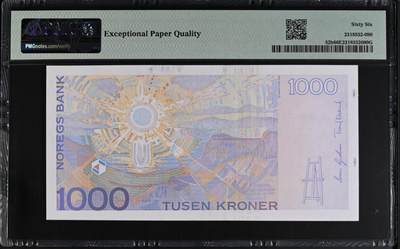 《张总收藏》181期-外币精品百拍特别场 挪威2004年1000克朗最高值PMG66E长号段无47 挪威表现主义画家爱德华·蒙克 Pick#52b