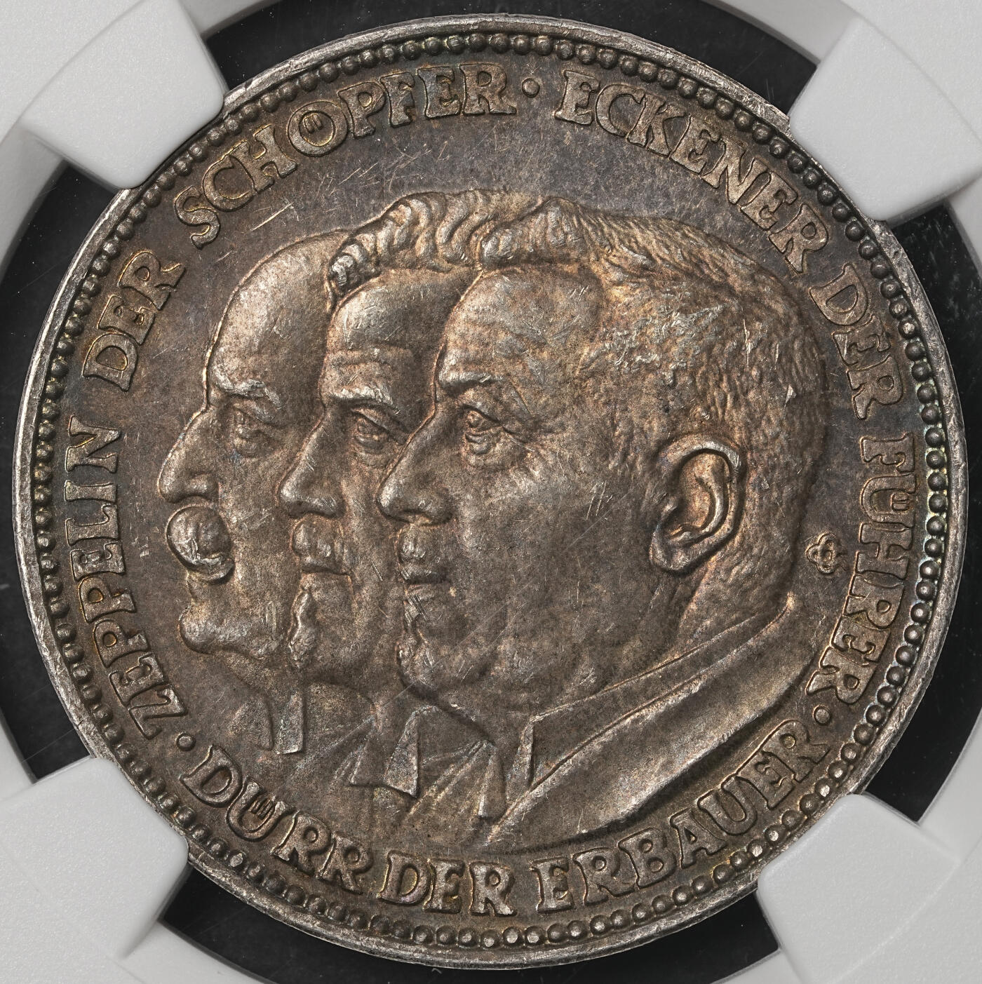 修遠堂世界钱币第五十二期 全场包邮 NGC MS63 1929年德国齐柏林飞艇环球航行纪念银章 五彩