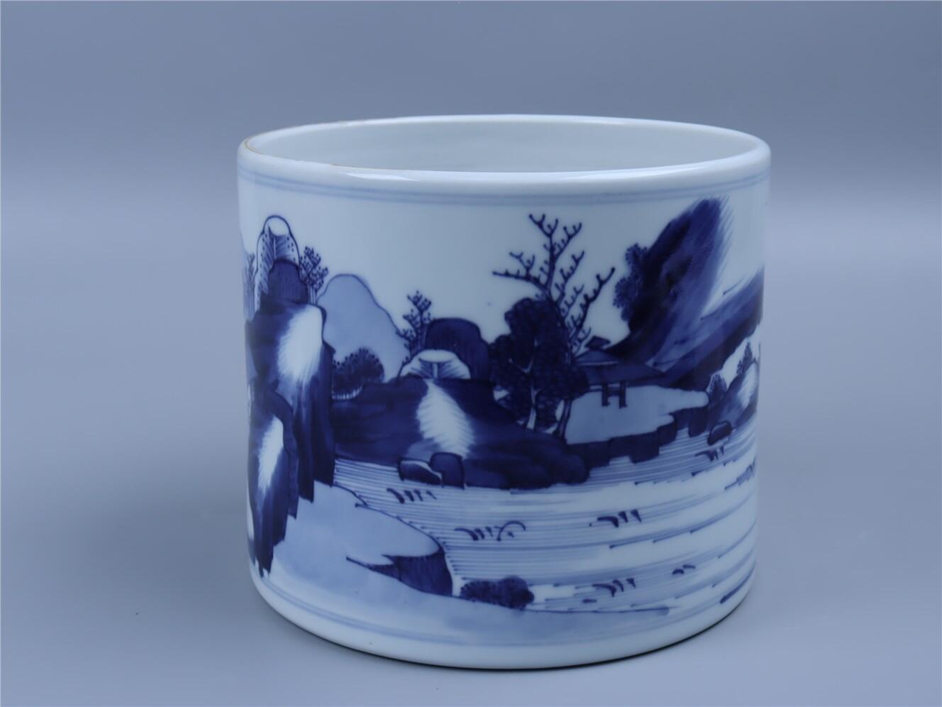 承乾2024年秋季文物艺术品拍卖会 清 青花山水笔筒 1 18.5*15.8cm  瓷