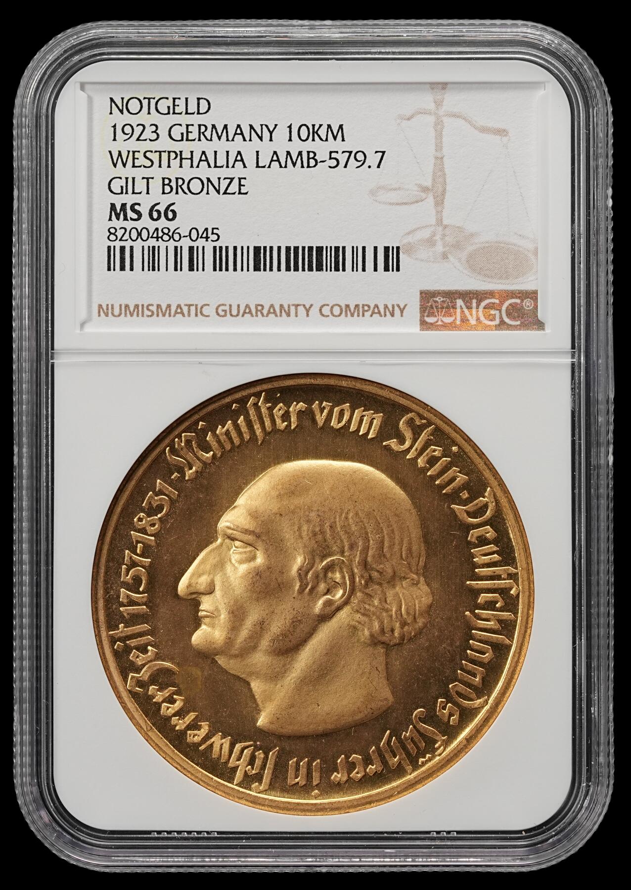 修遠堂世界钱币第五十二期 全场包邮 NGC MS66 1923年德国紧急时期威斯特法伦1万马克大马币 高状态收藏级