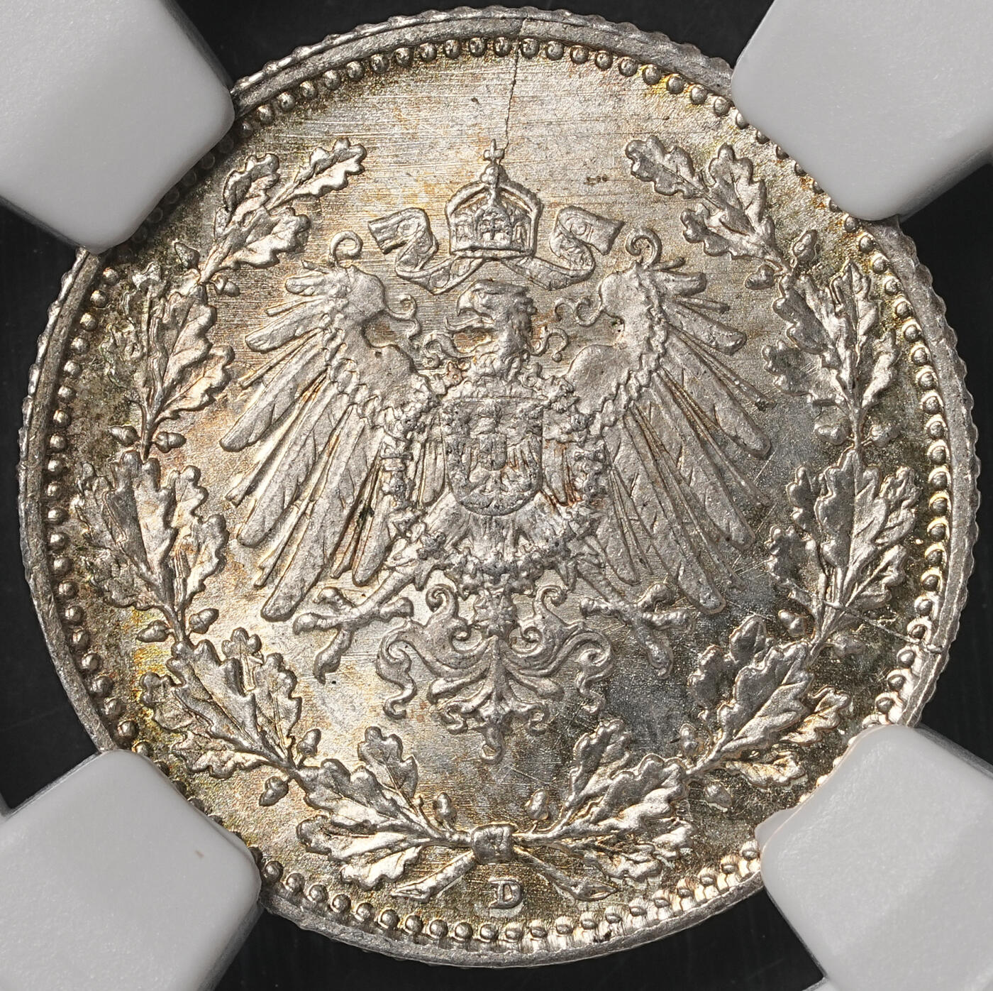 修遠堂世界钱币第五十二期 全场包邮 NGC MS66 1918年德国1/2马克银币 D厂铭