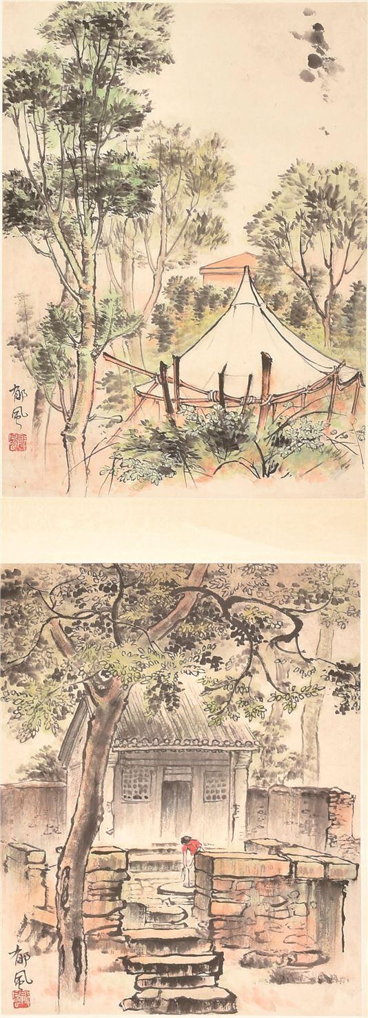 承乾2024年秋季文物艺术品拍卖会 郁风 风景人物双挖 设色纸本立轴 36*27cm*2