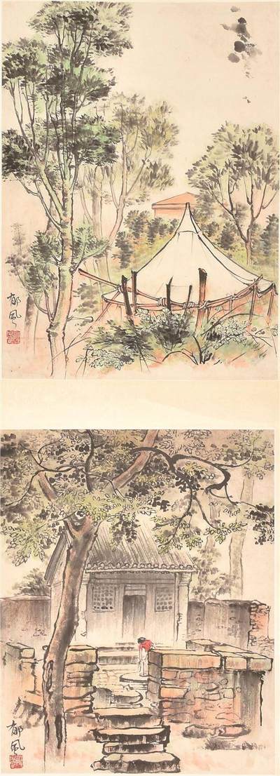 承乾2024年秋季文物艺术品拍卖会 - 郁风 风景人物双挖 设色纸本立轴 36*27cm*2
