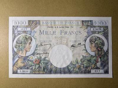 《张总收藏》181期-外币精品百拍特别场 法国1000法郎 UNC 1944年大票幅 局部轻微荧光