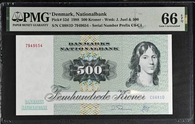 《张总收藏》181期-外币精品百拍特别场 丹麦1988年500克朗次高值PMG66E顺子尾大蜥蜴 Pick#52d
