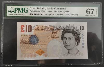 《张总收藏》181期-外币精品百拍特别场 英国E序列2000年初版首签10镑PMG67E亚军分 冠军68分仅2张 Pick#389a