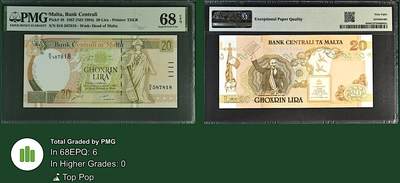 《张总收藏》181期-外币精品百拍特别场 马耳他20镑 PMG68E 1994年 无4尾8 冠军分