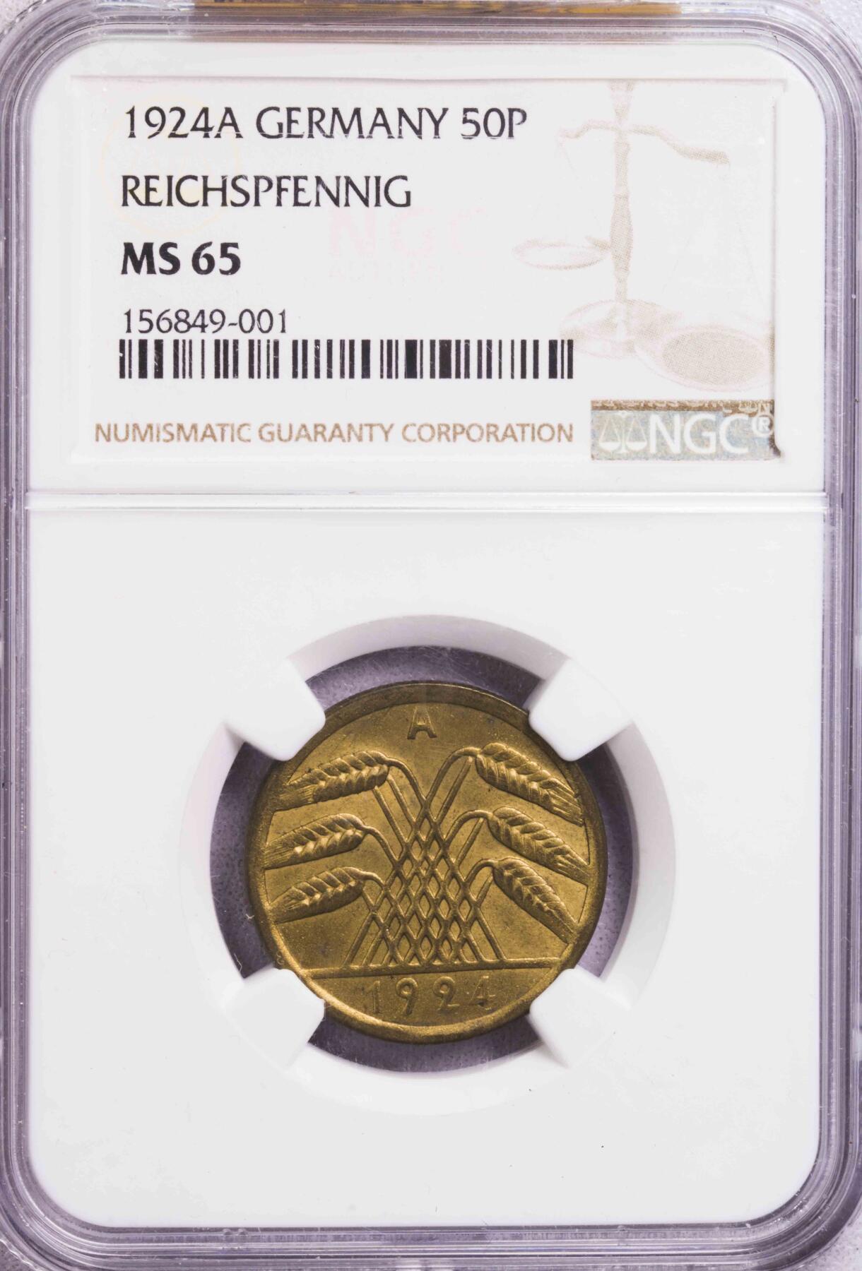 NGC-MS65 1924A德国魏玛50芬尼铜币 亚军魏玛大筋