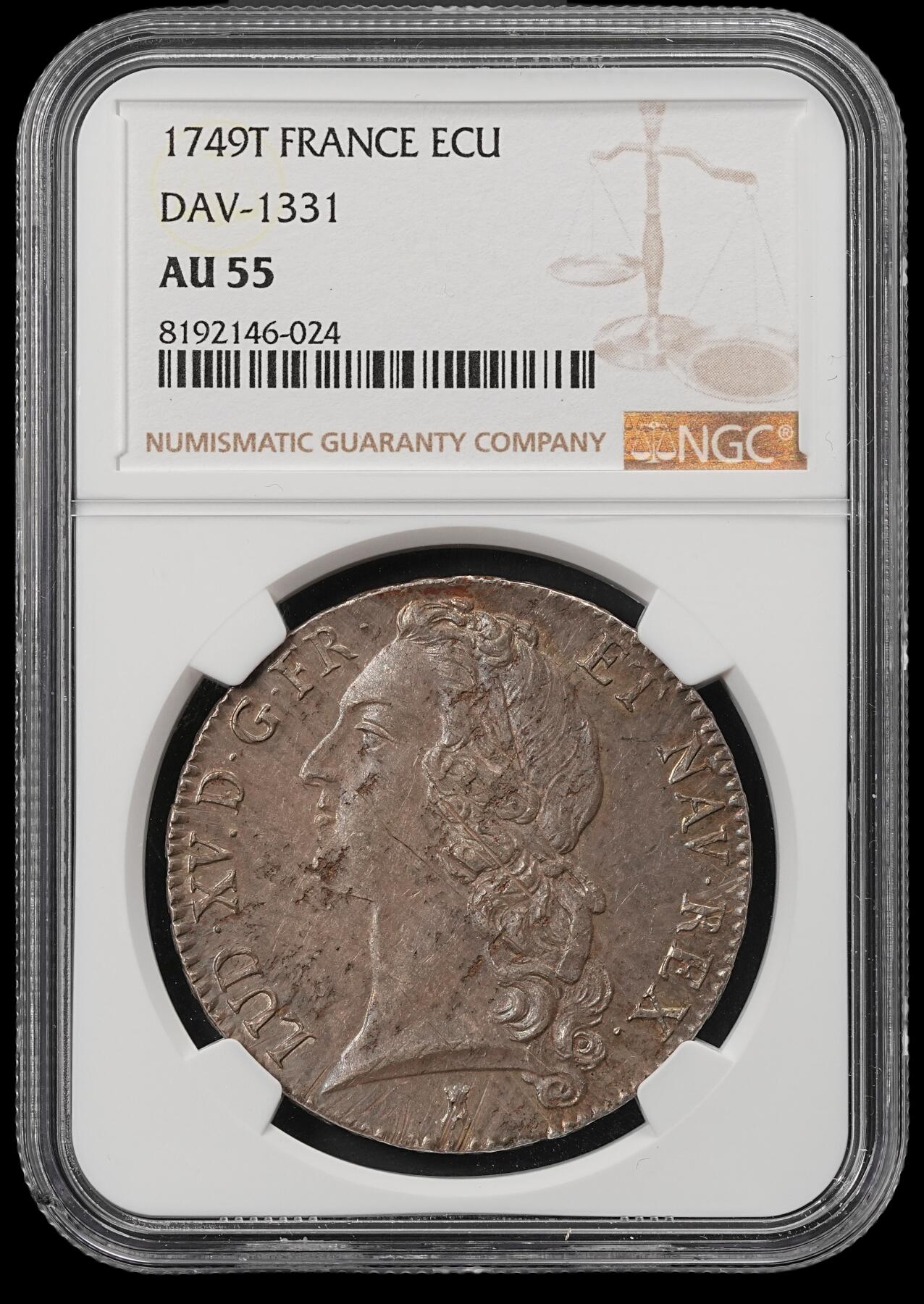修遠堂世界钱币第五十二期 全场包邮 NGC AU55 1749年法国1埃居大银币 路易十五 T厂铭 五彩