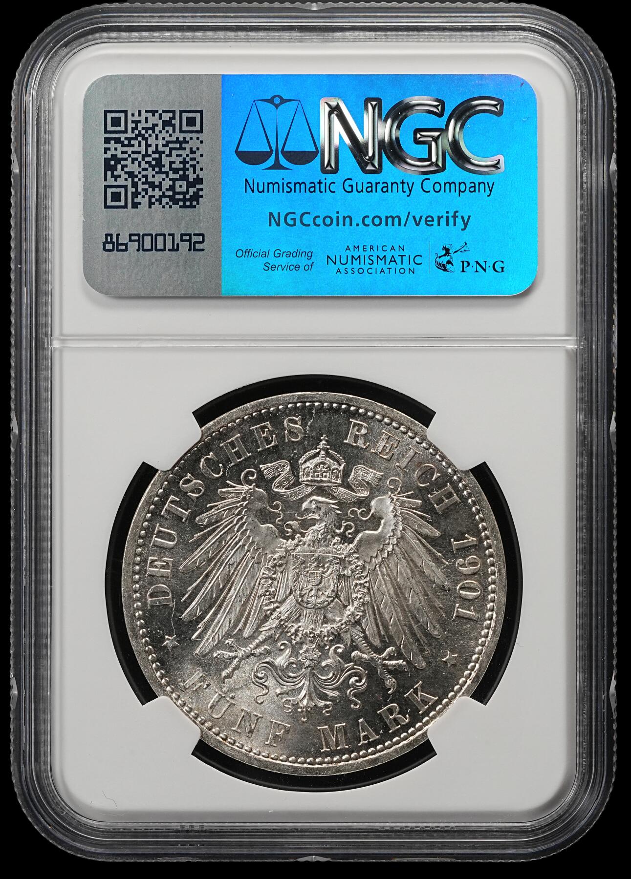 修遠堂世界钱币第五十二期 全场包邮 NGC MS65 1901年普鲁士建国200周年5马克大银币 图案凝霜感明显 有PL风