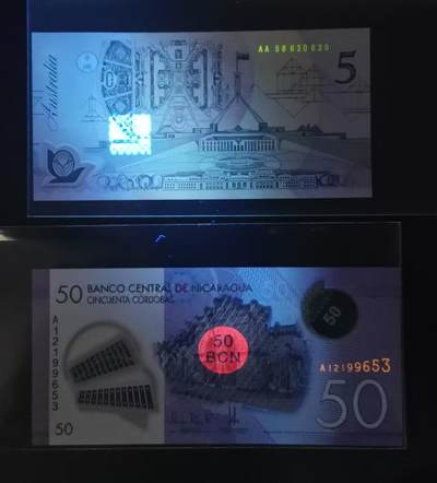 《张总收藏》181期-外币精品百拍特别场 (2张首发)澳大利亚1992年初版首发AA冠5元UNC无47 Pick#50a/尼加拉瓜2014年A冠50科多巴无47 Pick#211