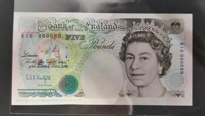 《张总收藏》181期-外币精品百拍特别场 英国E序列初版1990-2002年少见Kenfield签5磅UNC倒置十位89号，Pick#382b