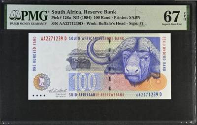 《张总收藏》181期-外币精品百拍特别场 南非1994年初版100兰特AA冠PMG67E亚军分无4，冠军68分仅2张 该套最少见的野牛