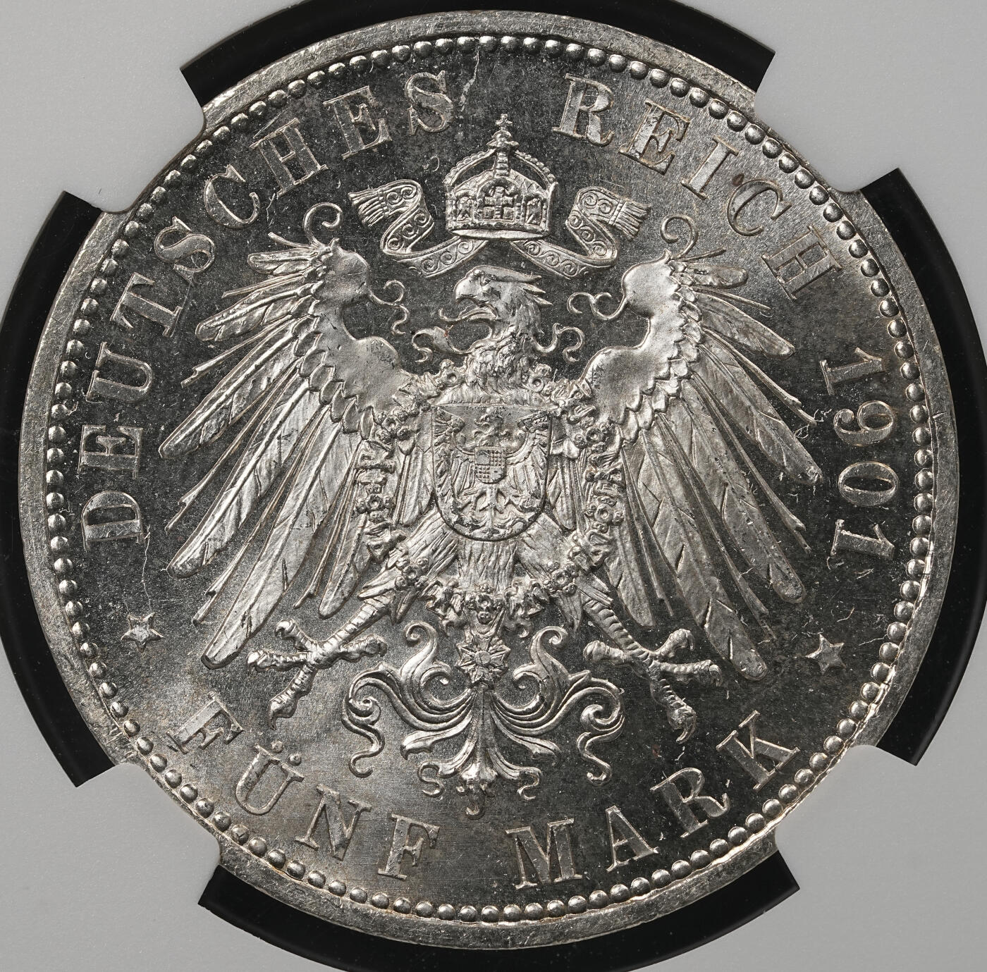 修遠堂世界钱币第五十二期 全场包邮 NGC MS65 1901年普鲁士建国200周年5马克大银币 图案凝霜感明显 有PL风