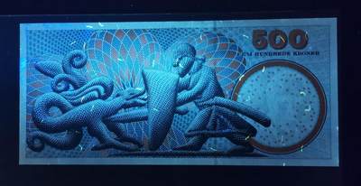 《张总收藏》181期-外币精品百拍特别场 丹麦1997年初版第一签名A0冠500克朗UNC-无4有荧光反应，A0971H代表1997年，Pick#58a