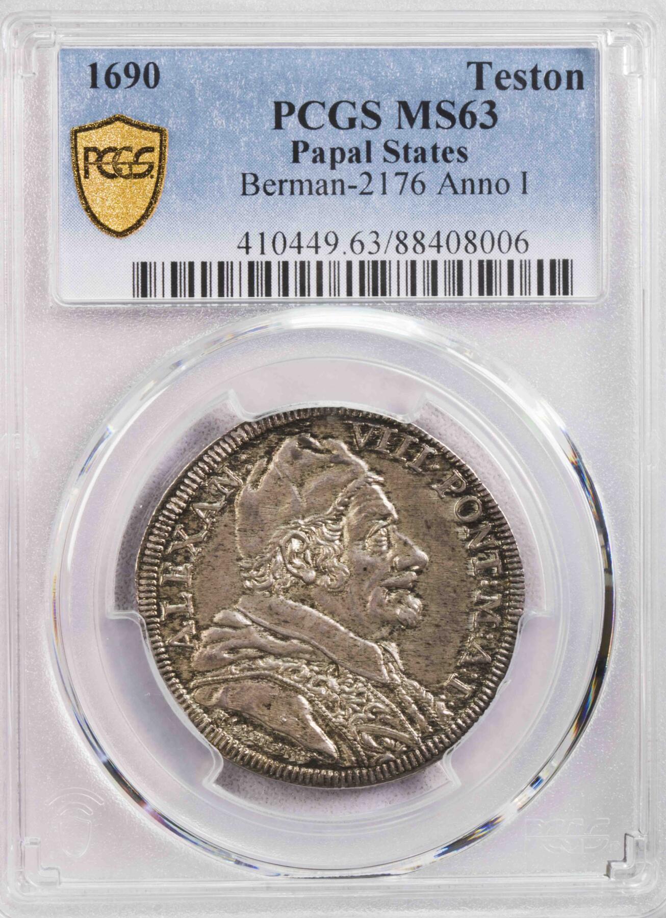 PCGS-MS63 1690教皇国老牛银币 唯一亚军