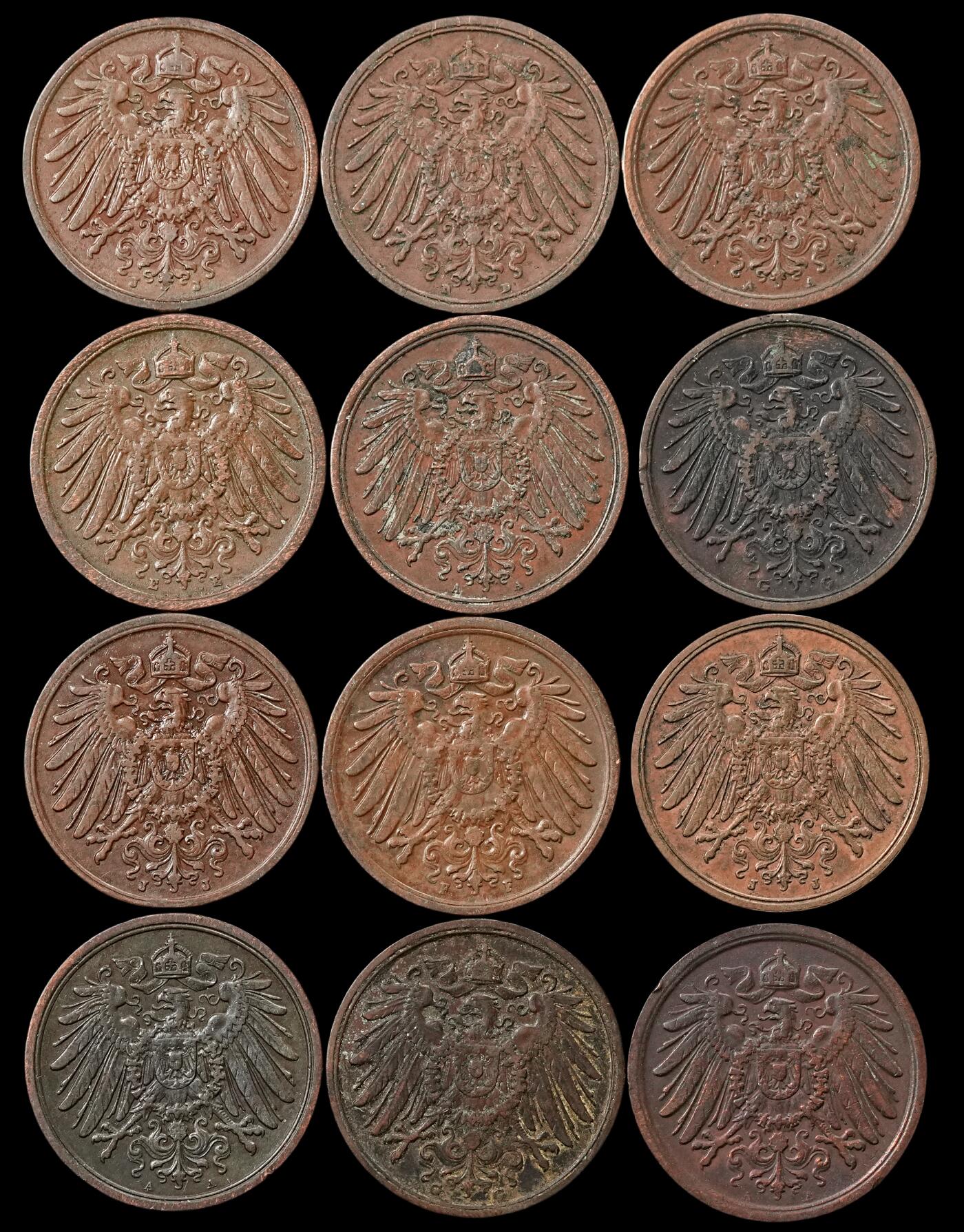 修遠堂世界钱币第五十二期 全场包邮 德意志第二帝国2芬尼铜币一组 年份或者厂铭均不重复