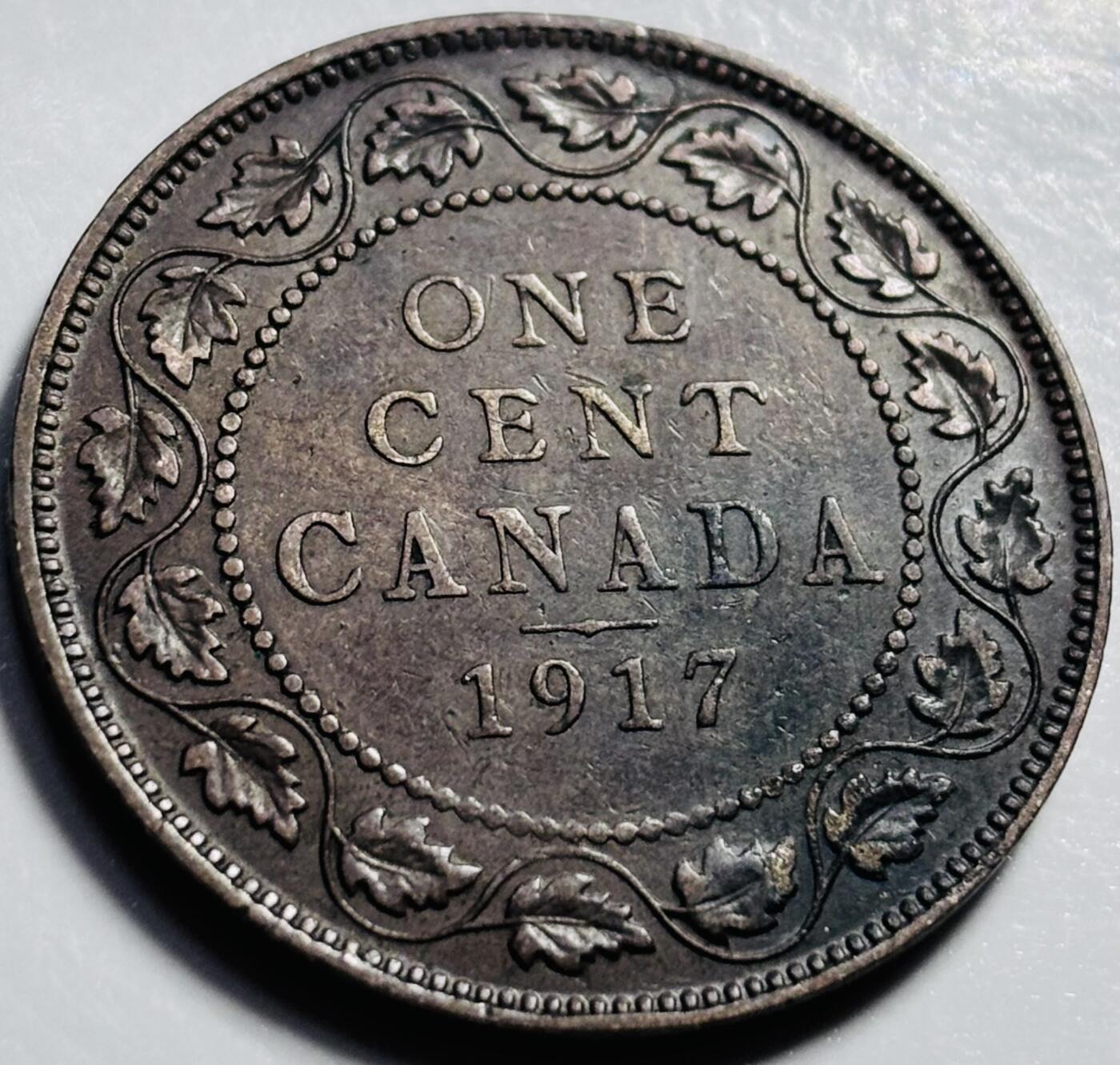 文馨钱币收藏第 203 场，英系套册纪念币，古铜币 三全美品 1917 年英属加拿大枫叶大 1 分铜币