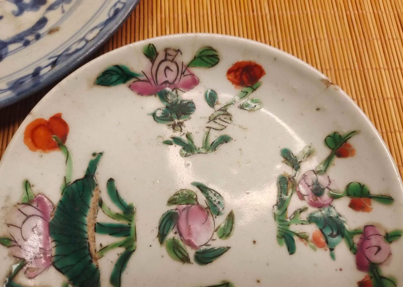明清瓷器 清代青花灵芝盘一对