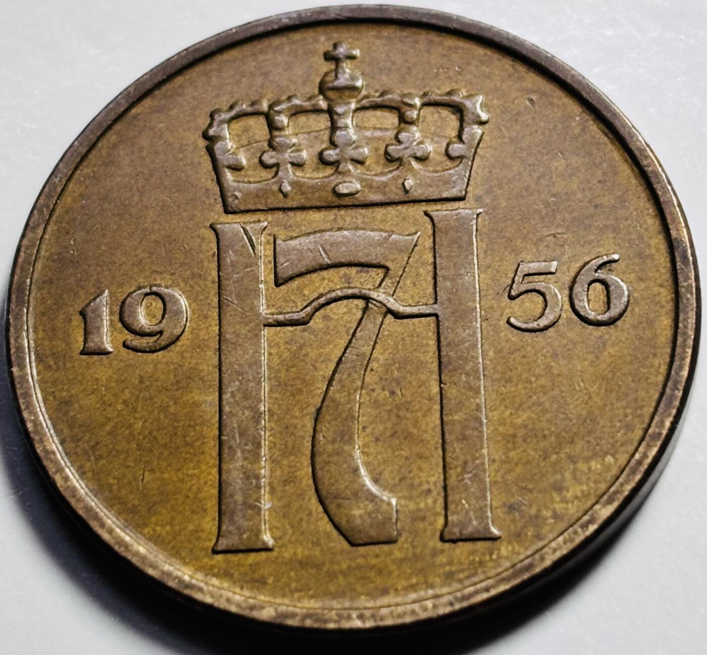 文馨钱币收藏第 203 场，英系套册纪念币，古铜币 1956 年挪威 7 字皇冠 5 欧尔大铜币