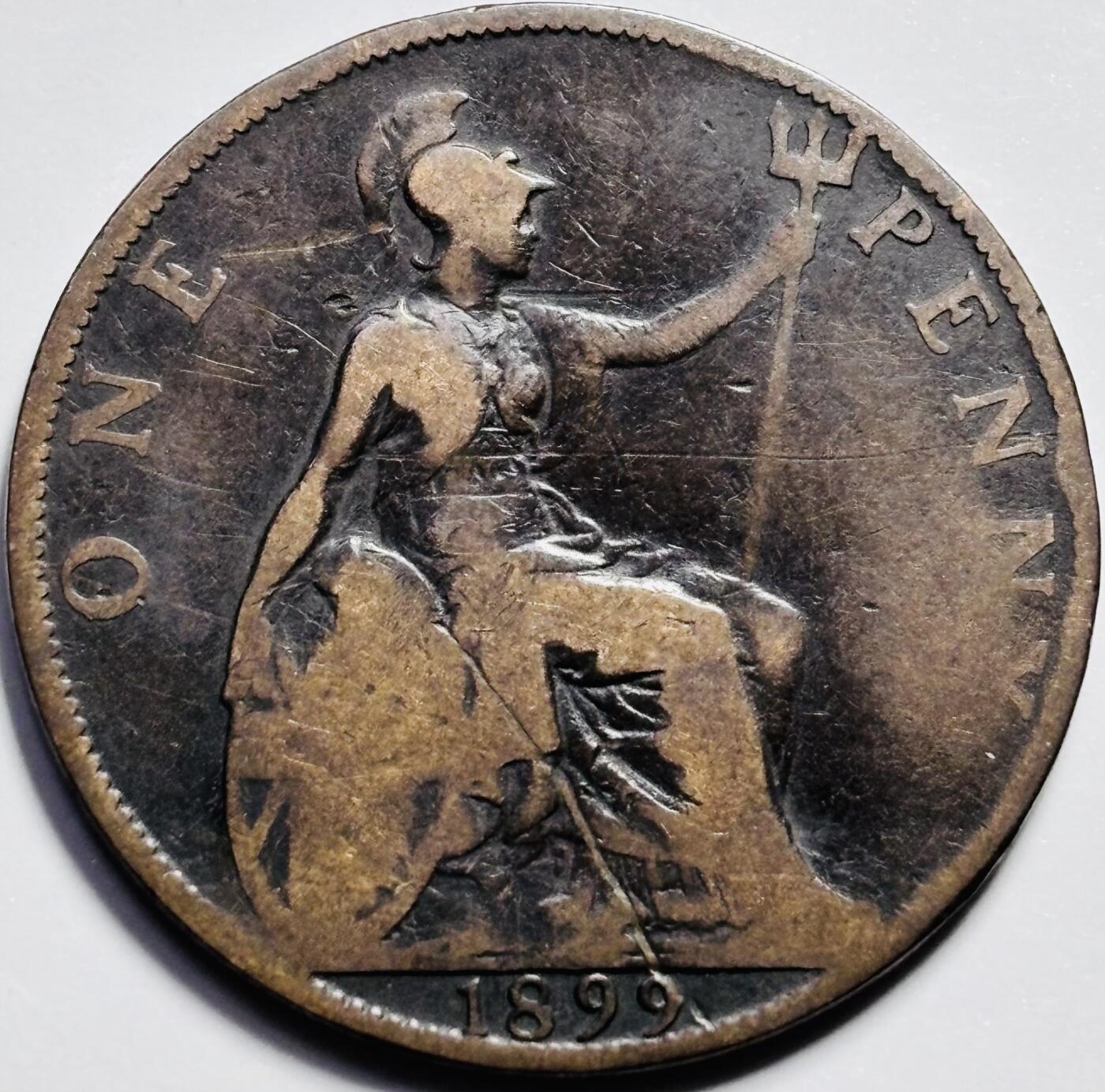 文馨钱币收藏第 203 场，英系套册纪念币，古铜币 1899 年英国维多利亚披纱版 1 便士古铜币