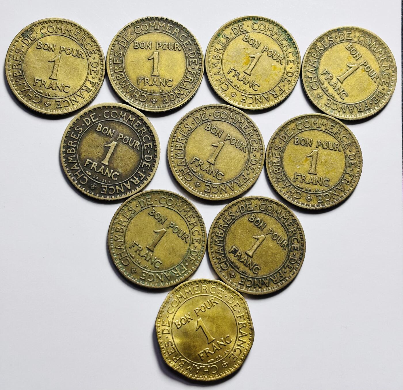 文馨钱币收藏第 203 场，英系套册纪念币，古铜币 192×年法国商务部坐洋 1 法郎 10 枚