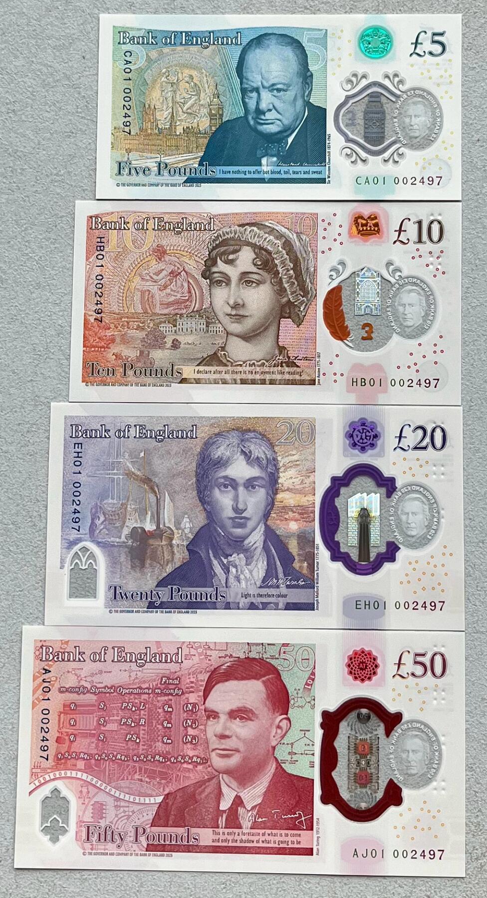 澳门钞、老台币、直布罗陀样钞、英国查尔斯国王新版英镑纸币首发冠千位号，台湾宝星奖章、联勤荣誉纪念章，韩国/哈萨克斯坦套币纪念币，图瓦卢/台湾生肖银币、陈水扁入职银币、台湾精制套币等。彼得堡世界钱币勋章拍卖第117期 英国2024年新版5-10-20-50英镑塑料钞4枚全套纸币，查尔斯国王、全新品相。首发冠千位全同号、第2497号