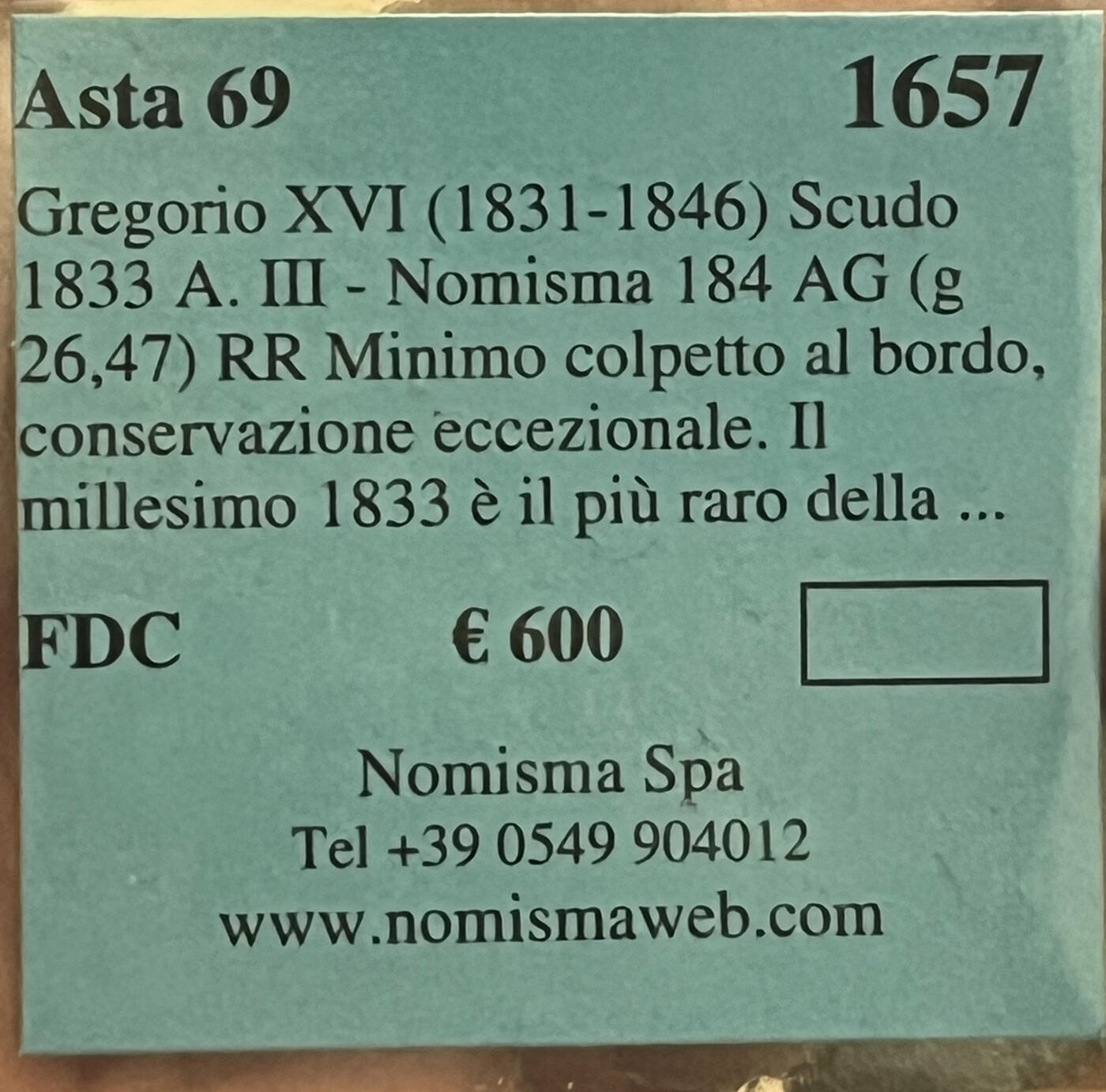 PCGS-UNCD 1833教皇国耶稣诞生斯库多大银币 nomisma拍卖标FDC品原物