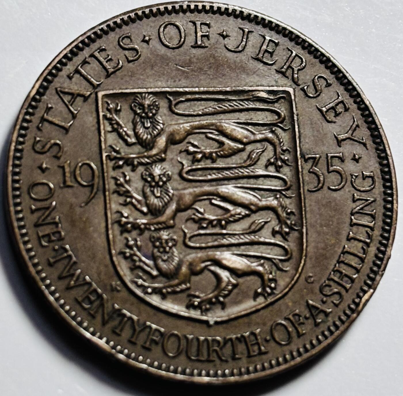 文馨钱币收藏第 203 场，英系套册纪念币，古铜币 极美品 1935 年英属泽西 1/24 先令铜币