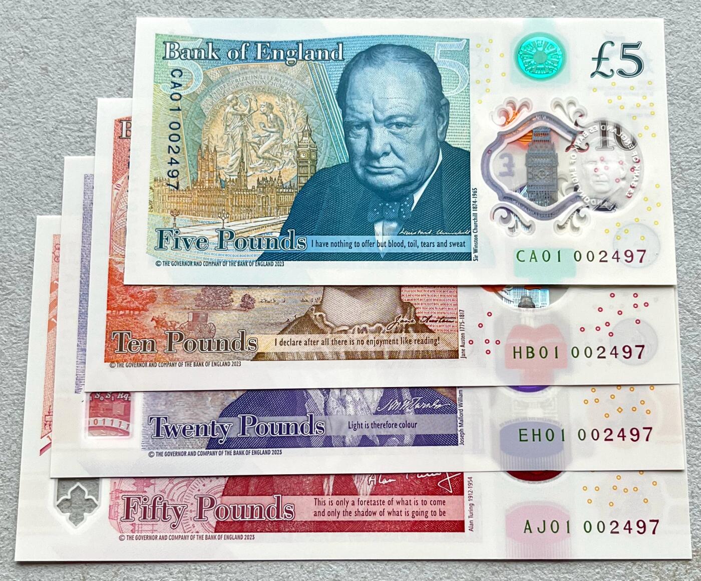 澳门钞、老台币、直布罗陀样钞、英国查尔斯国王新版英镑纸币首发冠千位号，台湾宝星奖章、联勤荣誉纪念章，韩国/哈萨克斯坦套币纪念币，图瓦卢/台湾生肖银币、陈水扁入职银币、台湾精制套币等。彼得堡世界钱币勋章拍卖第117期 英国2024年新版5-10-20-50英镑塑料钞4枚全套纸币，查尔斯国王、全新品相。首发冠千位全同号、第2497号