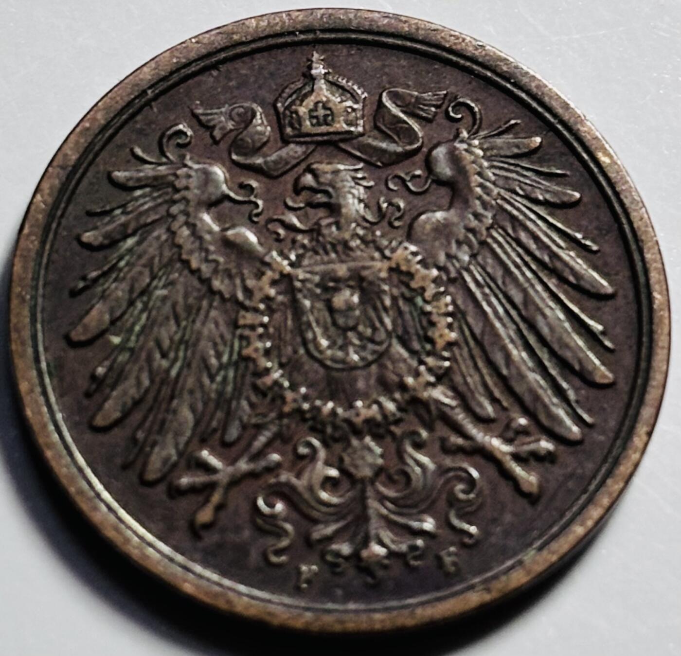文馨钱币收藏第 203 场，英系套册纪念币，古铜币 好品 1905 年德国 2 芬尼铜币，F 厂标