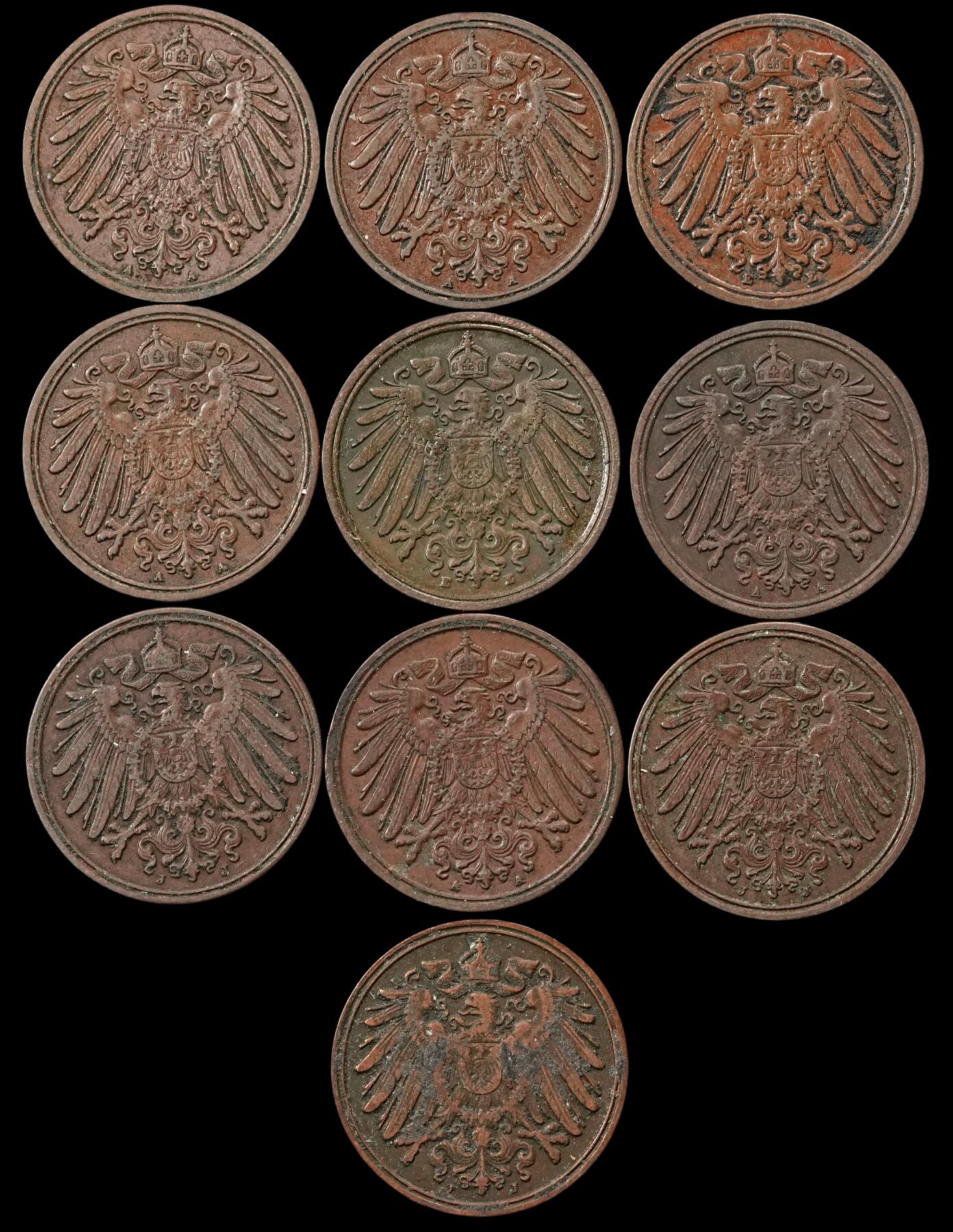 修遠堂世界钱币第五十二期 全场包邮 德意志第二帝国1芬尼铜币一组 年份或者厂铭均不重复