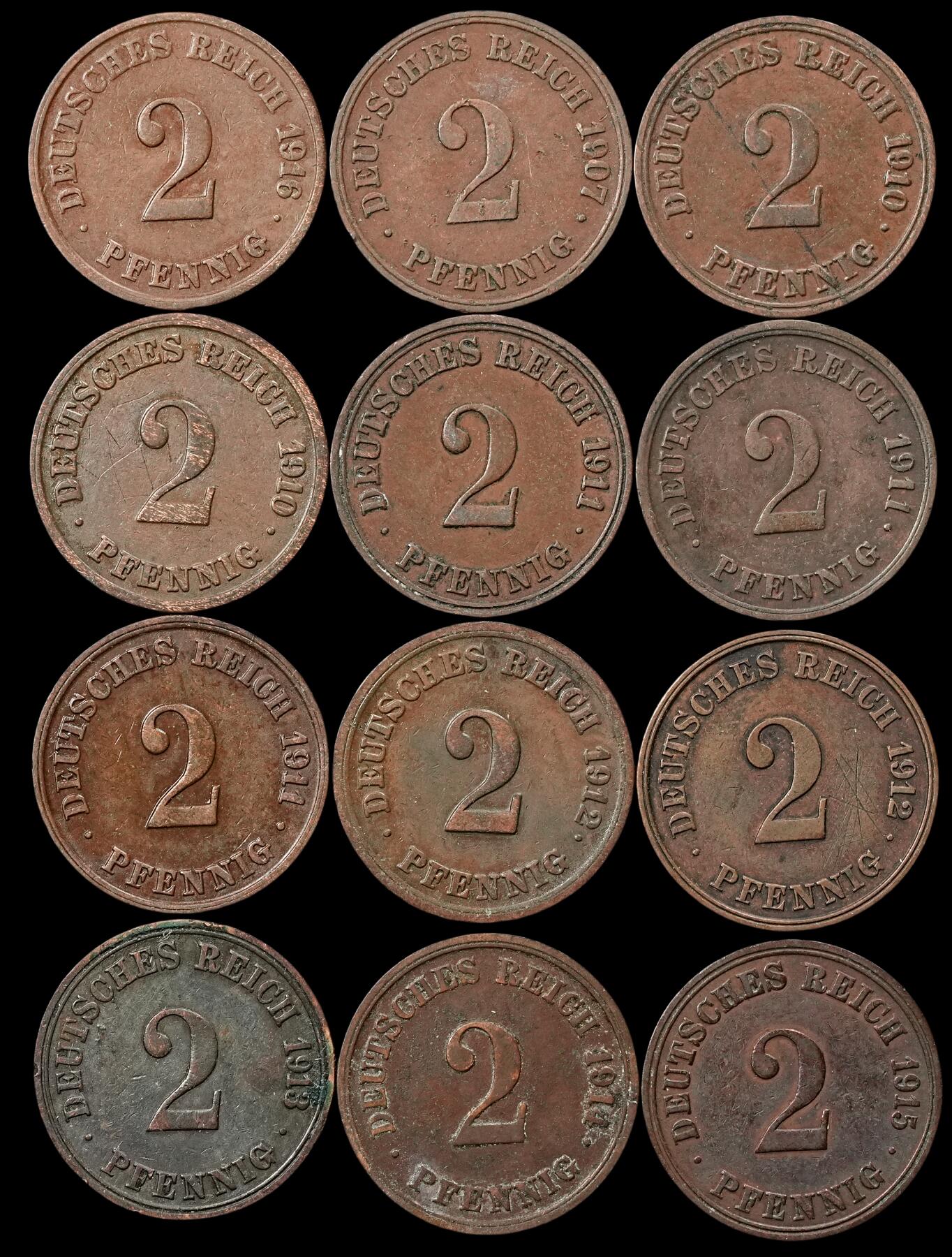 修遠堂世界钱币第五十二期 全场包邮 德意志第二帝国2芬尼铜币一组 年份或者厂铭均不重复